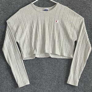 Champion Women's Cropped Lightweight Sweater - Grey W/Logo Long Sleeve - MEDIUM